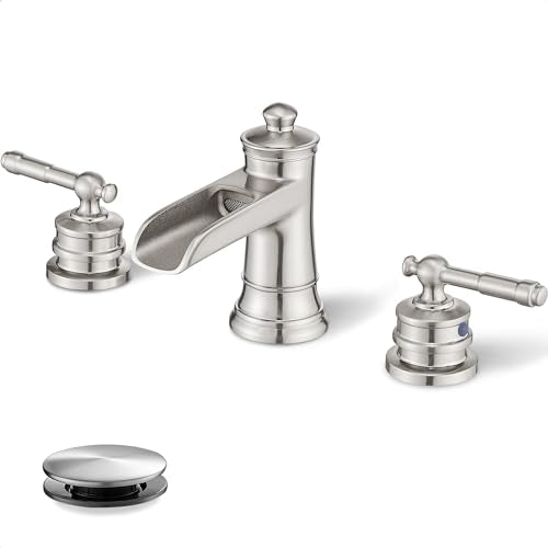 4-16 Inch Widespread Bathroom Faucet Brushed Nickel, Brass Waterfall Faucet for Bathroom Sink, 2 Handles with cUPC Water Hoses & Pop-Up Drain, 10 Mins Easy Installation, Saving Water, Modern - color: Brushed Nickel - Modern
