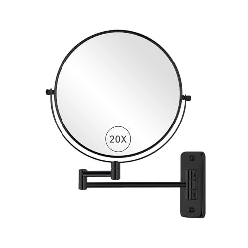 Wall Mounted Magnifying Makeup Mirror, 8 Inch 1X/20X Bathroom Shaving Mirror with Extendable Arm, 360° Swivel Double Sided Wall Mount Mirror for Makeup, Shaving and Grooming, Black