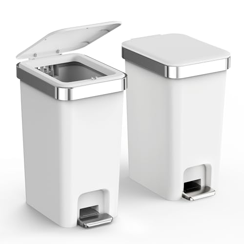 2 Pack Bathroom Trash Can with Lid 2.6 Gallon,Step Pedal Small Basket | Plastic Garbage Can with Press Top Bin & Foot Pedal Trash Bin, Mini Waste Basket for Bedroom,Offices,Dorm,RV(Grayish-White) - color: Grayish-white-2 Pack