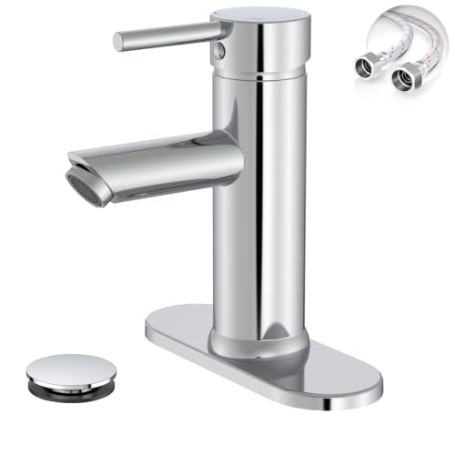 Chrome Bathroom Faucet for 1 or 3 Holes, Brass | Single Handle Bathroom Sink Faucets Modern Commercial Lavatory Vanity Faucet with Deck Plate and Supply Line Pop Up Drain - color: Chrome