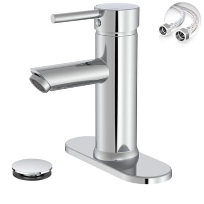 Chrome Bathroom Faucet for 1 or 3 Holes, Brass | Single Handle Bathroom Sink Faucets Modern Commercial Lavatory Vanity Faucet with Deck Plate and Supply Line Pop Up Drain - color: Chrome