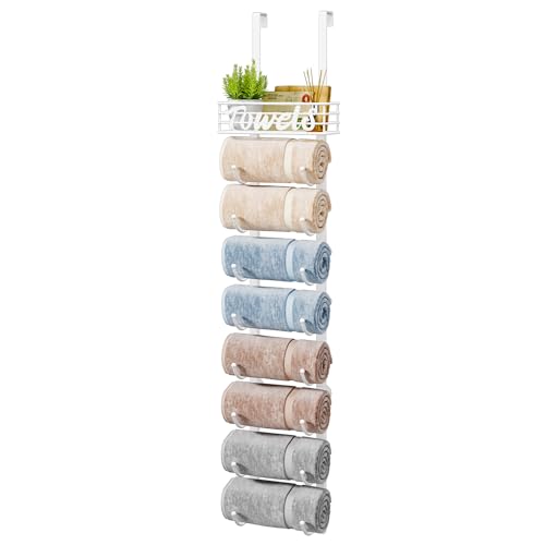 HapiRm Towel Racks for Bathroom Storage - 9 Tier Over The Door & Wall Mount Rolled Towel Storage Organizer Holder with Metal Shelf Basket for Small Bathroom, Camper, Rv - White, Patented - color: White, size: 9-Tier
