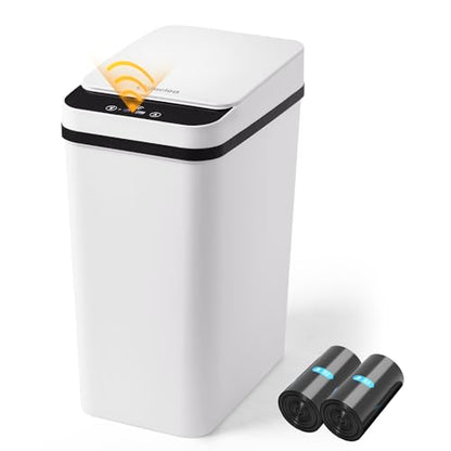 Bathroom Trash Can Automatic Touchless 2.6 Gallon Small Smart Trash Cans with Lid Slim Garbage Can for Kitchen, Toilet, Bedroom, RV, Living Room - color: White Battery, size: 2.6 Gallons