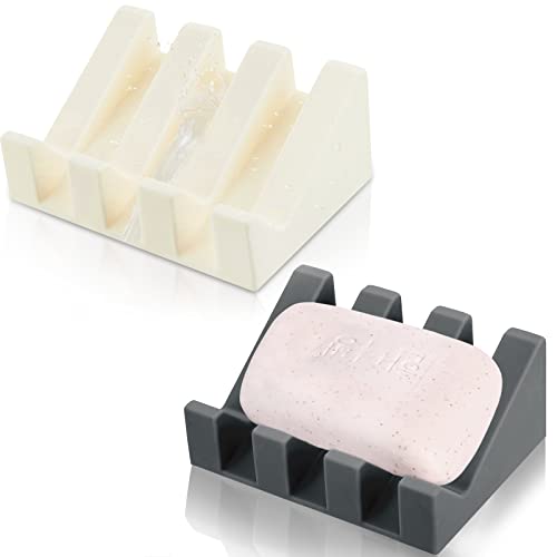 2 Pieces Silicone Soap Dish Self Draining Soap Dish Shower Waterfall Bar Soap Holder Tray with Drain Soap Saver for Kitchen Bathroom Accessories (Dark Grey,Cream White) - color: Dark Grey, Cream White