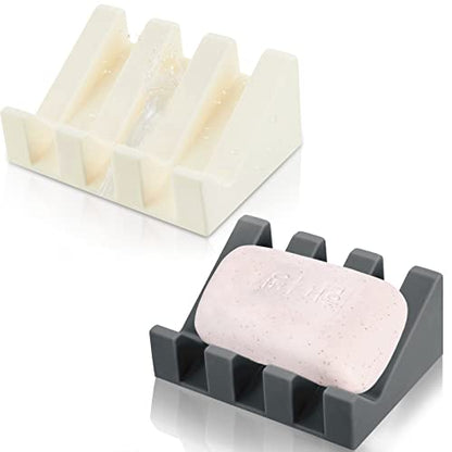 2 Pieces Silicone Soap Dish Self Draining Soap Dish Shower Waterfall Bar Soap Holder Tray with Drain Soap Saver for Kitchen Bathroom Accessories (Dark Grey,Cream White) - color: Dark Grey, Cream White