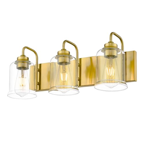 zeyu Brushed Gold 21-Inch 3-Light Wall-Mount Vanity Light, ZSL72B-3W BG | Bathroom Lights Fixtures Over Mirror, Clear Glass Shades, Hardwired, 3 E26 Bulbs Up To 60W Each, For Bathroom Mirror - color: Gold, size: 3-Light