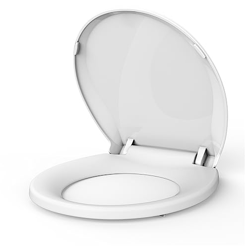 Round Toilet Seat Slow Close, Quiet Toilet Seat Cover with Never Loosen Durable Toilet Lid Easy to Install & Clean, Polypropylene (PP), 17"-White Color