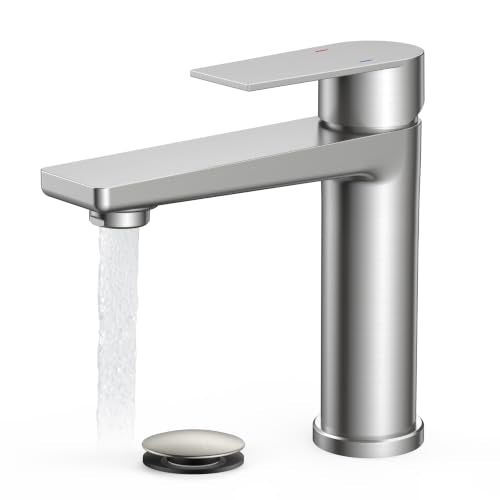 FORIOUS Brushed Nickel Bathroom Faucet 1 Hole, Commercial Bathroom Faucets | Single Lever Rv Bathroom Faucet One Hole, Vanity Faucet for Bthroom Sink 1 Hole with Deck Plate, Drain, Hoses, for Camper - color: Stainless Steel