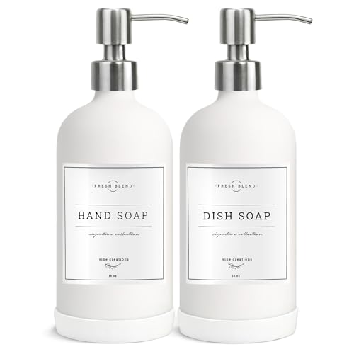 Vine Creations White Glass Soap Dispenser, 2 Pack Kitchen Soap Dispenser Set with Stainless Steel Pump, 16 oz Dish Soap and Hand Soap Dispensers for Bathroom with Waterproof Labels - color: Matte White Bottle / Silver Pump