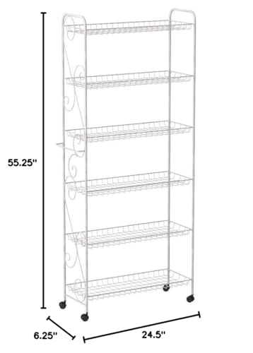 Collections Etc Slim Rolling Pantry 6-Tier Shelf, White Metal with Elegant Scroll Design Accent - Extra Kitchen and Bathroom Storage, 10" - size: 10"