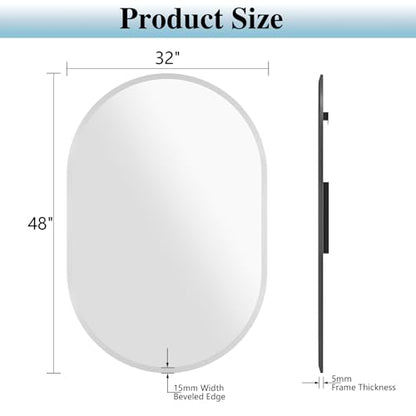 Frameless Oval Mirror, 48"x32" Beveled Oval Bathroom Mirrors | 5mm HD Glass, Anti-Rust, 15mm Frameless Beveled Mirror, French Cleat, Horizontally or Vertically, for bathroom/bedroom - size: 48"L x 32"W