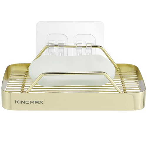 Premium Stainless Steel Soap Holder - Durable with 360-Degree Ventilation - Strong Adhesive Soap Bar Hold - Dish Caddy for Shower Wall Bathroom Mirror Kitchen - Gold