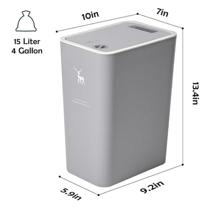 XPIY Trash Can with Lid, 2 Pack 4 Gallons/15 Liters Garbage Can | Small plastic waste basket with press top, dog proof design for bathroom|kitchen|bedroom|office use. (Grey) - color: GreyGrey