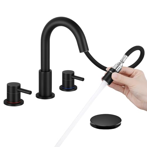 Bathroom Faucet 3 Hole with Pull Down Sprayer Matte Black, 2-Handle | Lead-free stainless steel, pop-up drain, 360°swivel, 8-inch widespread Faucet for RV/vanity sink, 3-hole mount - color: 2-Matte Black, style: 8 Inch Pull Down