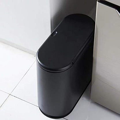 IEEK Plastic Trash Can with Press Top Lid,3.2 Gallon /12 Liter Garbage Can,Black Modern Waste Basket Thin Trash Cans for Bathroom,Kitchen,Living Room,Office and Narrow Spaces - color: Black