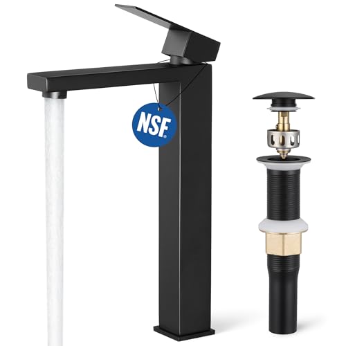 KES Vessel Sink Faucet and Drain Combo, Black Bathroom Faucets, Tall Faucets, All-Metal Pop Up Sink Drain NO Overflow, Matte Black, L3156BLFF12-BK-C2 - color: Black, style: w/ Drain (NO Overflow) - TALL Faucet