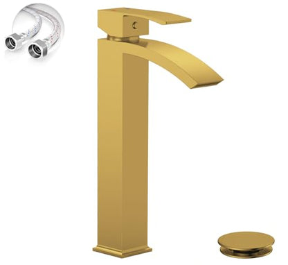 Brushed Gold Vessel Sink Faucet, Waterfall Bathroom Faucets | Brass, Tall Spout, Single Handle 1 Hole Bathroom Faucet, Modern Basin Taps with Supply Line, Pop Up Drain, Without Overflow - color: Brushed Gold, size: Tall