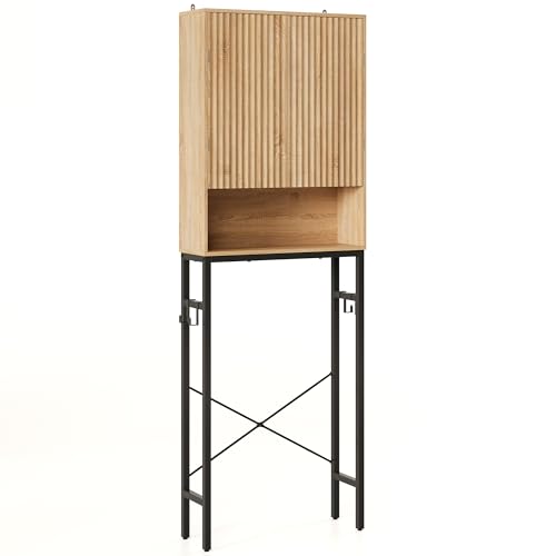Toilet Storage Cabinet, Over the Rack Wood Cabinet with Metal Stand, Bathroom Organizer with Adjustable Shelf, Tall Freestanding Washer Shelf, Small Cupboard, Space Saver, Natural Style