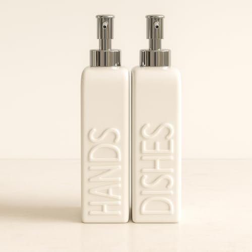 Ceramic Dish and Hand Soap Dispenser Set, 2 Pack with Stainless Steel Pump | Refillable bottles with an included funnel for easy refills and daily use, adding a stylish touch to kitchens and bathrooms. - color: Matte White, Silver Pump