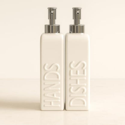Ceramic Dish and Hand Soap Dispenser Set, 2 Pack with Stainless Steel Pump | Refillable bottles with an included funnel for easy refills and daily use, adding a stylish touch to kitchens and bathrooms. - color: Matte White, Silver Pump