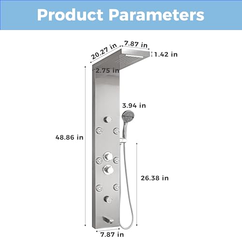 DELAVIN Stainless Steel Shower Tower, 5-Function Shower Panel Tower System | with Rainfall Waterfall Shower Head, Massage Body Jets, Tub Spout, Handheld Shower, Designed for Hotels, Gyms, Spas - style: 8 Body Jets