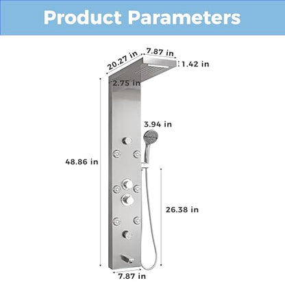DELAVIN Stainless Steel Shower Tower, 5-Function Shower Panel Tower System | with Rainfall Waterfall Shower Head, Massage Body Jets, Tub Spout, Handheld Shower, Designed for Hotels, Gyms, Spas - style: 8 Body Jets