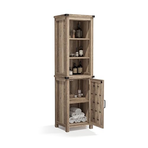 Farmhouse Storage Cabinet, Narrow Corner Linen Tower with Door & Adjustable Shelves,Versatile Bathroom & Living Room Organizer，Light Brown