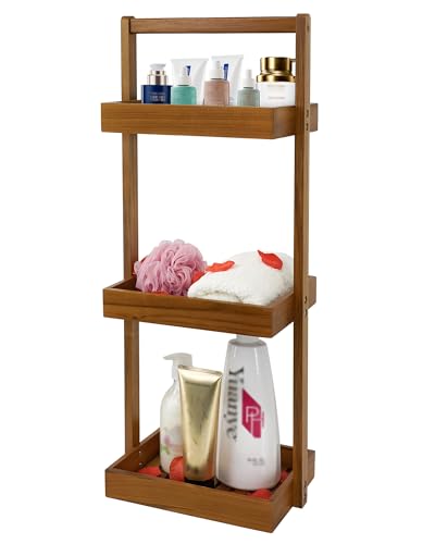 Utoplike Teak Shower Caddy Corner, Standing Organizer Shelf with Handle | 3 Tier with Handle, Wood Bathroom Stand Up Caddy Basket for Shampoo, Rack for Inside Shower, Bath, Office, Kitchen Desktop - color: 3 tier