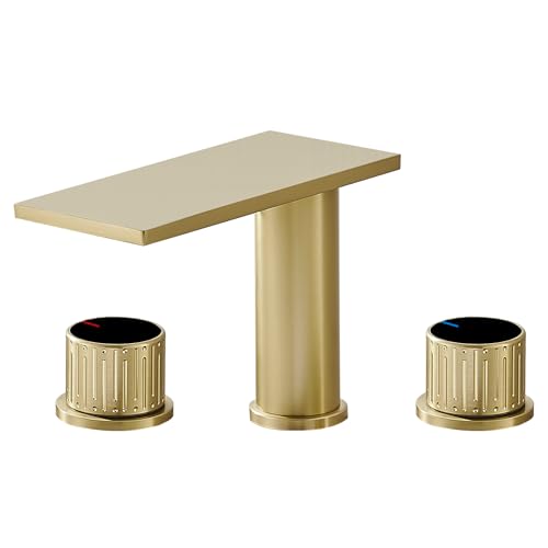 becola Brushed Gold Bathroom Faucet 3 Hole, 8 inch Widespread Bathroom Faucet with Top Storage, Waterfall Bathroom Faucet，2-Handle Modern Vanity Faucet with Adjust Knobs and Two Supply Lines - color: Gold