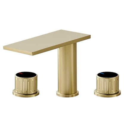 becola Brushed Gold Bathroom Faucet 3 Hole, 8 inch Widespread Bathroom Faucet with Top Storage, Waterfall Bathroom Faucet，2-Handle Modern Vanity Faucet with Adjust Knobs and Two Supply Lines - color: Gold