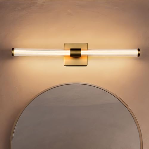 Tubicen Gold LED Vanity Light Linear Vertical Wall Sconce Dimmable 25in | 360° Full Lighting, 12W Vanity Light Bar Modern Slim Wall Light Fixture for Living Room Bathroom Bedroom, Warm White - color: Gold
