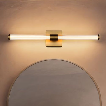 Tubicen Gold LED Vanity Light Linear Vertical Wall Sconce Dimmable 25in | 360° Full Lighting, 12W Vanity Light Bar Modern Slim Wall Light Fixture for Living Room Bathroom Bedroom, Warm White - color: Gold
