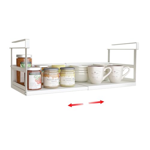 Expandable Under Cabinet Shelf Organizer with 0.94-Inch Thick Clips, Heavy Duty Extendable Under Shelf Storage Basket for Pantry or Laundry Room, White, 1 Pack, Interior: 5.7" H x 7.2" D - color: White-5.7"h X 7.2"d-0.94" Thick Clip, size: 1 Pack