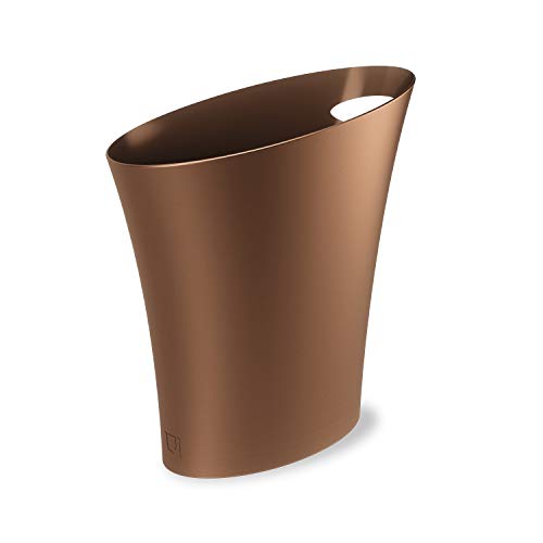 Umbra Skinny Trash Can, Slim Bathroom Garbage Can, 2 Gallon, Bronze | Built-in handle, fits narrow openings and odd spaces, strong construction, easy wipe clean, rounded corners