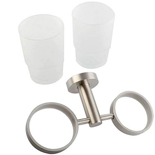 Double Toothbrush Holder, Angle Simple SUS304 Stainless Steel Wall Mounted Glass Tumbler Holder with Frosted Glass Cup Toothpaste Razor Organizer Bathroom Storage, Brushed Nickel - color: Brushed Steel