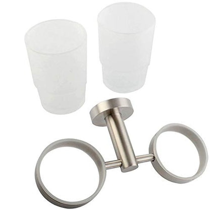 Double Toothbrush Holder, Angle Simple SUS304 Stainless Steel Wall Mounted Glass Tumbler Holder with Frosted Glass Cup Toothpaste Razor Organizer Bathroom Storage, Brushed Nickel - color: Brushed Steel