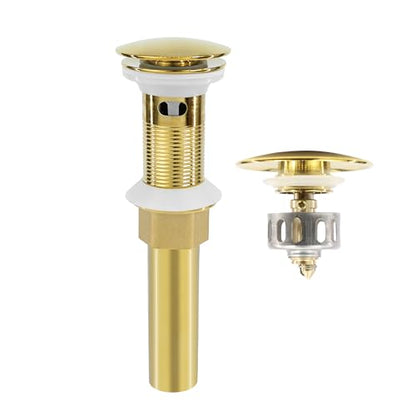 Bathroom Sink Drain, Gold Drain Stopper Bathroom Sink with Overflow,Pop Up Drain Assembly with Detachable Strainer Basket,Built-in Anti-Clogging Strainer,Stainless Steel Gold - color: Gold-big Cap, style: With Overflow
