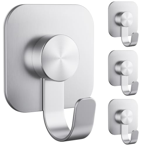 Aikzik 4 Pack Large Heavy Duty Wall Hooks - 26lb Max, Stainless Steel Adhesive Towel Hooks for Hanging Towel, Coat, Robe, Sticky Towel Holder for Wall Mount in Bathroom, Kitchen, Shower, Door - Silver - color: Silver
