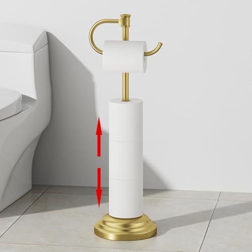 RUMOSE Toilet Paper Holder Stand for Floor, Brushed Gold | Bathroom Free Standing Toilet Tissue Roll Holder with Storage, Adjustable 17-25 Inch, Rustproof, SUS304 Stainless Steel - color: Brushed Gold