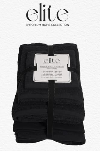 ELITE Emporium Home Collection 8-Piece Cotton Bath Towel Set - Ultra Soft, 550 GSM, Quick-Dry - Bath Sheet, Bath Towels, Hand Towels, Washcloths, Bath Mat - Luxury Bathroom Towel Set (Black) - color: Black