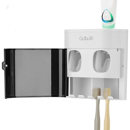 Linkidea Toothbrush Holder with 2 Toothpaste Squeezer, 4 Slot Plastic Brush Hanger for Shower Bathroom, Wall Mount Dispenser Compatible with Oral-B CrossAction, Colgate Extra Clean