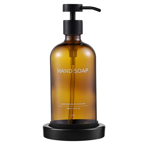 Glass Soap Dispenser Bathroom Set by Janxin, Foaming Kitchen soap Dispenser with Ceramic Tray for Dish Soap, Liquid Soap Dispenser for Hand Soap, Lotion, Body Wash (Amber) - color: Amber H