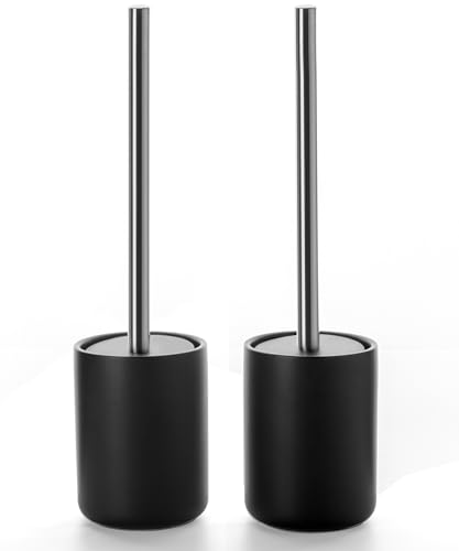 Ceramic Toilet Brush and Holder Set, Toilet Bowl Cleaner Brush | Freestanding Deep-Cleaning, Stainless Steel Handle, Small & Sturdy for Storage, Easy to Clean, Non-Scratching - color: Matt Black