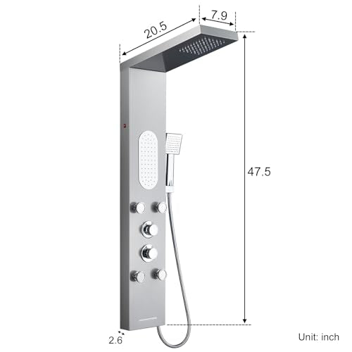 5-Function LED Shower Panel Tower System 4 Jets Stainless Steel | LED rain head | 4 massage jets | Body waterfall spray | Handheld shower | Tub spout | Brushed finish - color: Brushed Nickel