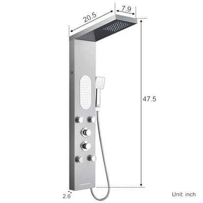 5-Function LED Shower Panel Tower System 4 Jets Stainless Steel | LED rain head | 4 massage jets | Body waterfall spray | Handheld shower | Tub spout | Brushed finish - color: Brushed Nickel