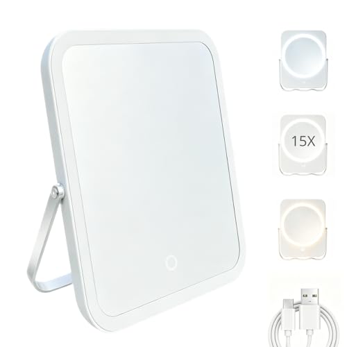 2-Sided 1x/15x, Light Up Makeup Mirror with Travel Switch, Vanity Mirror with 3 Color, 206 LEDs, 2000mah Rechargeable, Lighted Makeup Mirror with Magnification, Bathroom and Shaving Mirrors