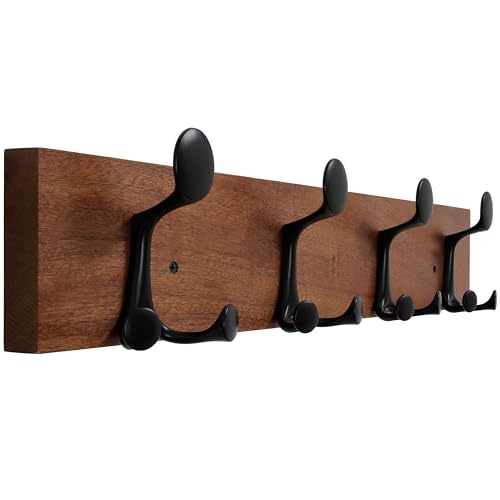 WEBI Coat Rack Wall Mount,24" Solid Wood Coat Hooks Wall Mounted Coat Hanger,16" Hole to Hole,Heavy Duty 4 Triple Hooks for Hanging Coats,Jacket,Hat,Backpack,Farmhouse,Reddish Brown - color: Reddish Brown, size: 24 Inch
