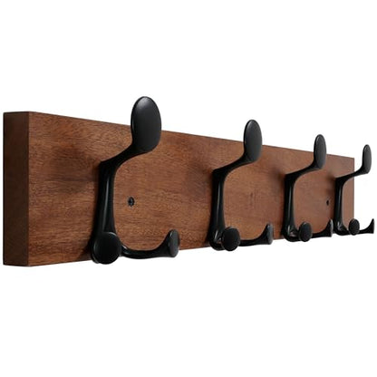 WEBI Coat Rack Wall Mount,24" Solid Wood Coat Hooks Wall Mounted Coat Hanger,16" Hole to Hole,Heavy Duty 4 Triple Hooks for Hanging Coats,Jacket,Hat,Backpack,Farmhouse,Reddish Brown - color: Reddish Brown, size: 24 Inch