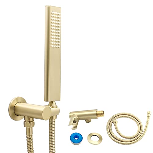 Solid Brass Handheld Shower Head Arc Design High Pressure Brushed Gold Hand Shower Wand with Adjustable Supply Elbow Wall Connector Shower Holder and 59″ Stainless Steel Hose Set - color: Brushed Gold