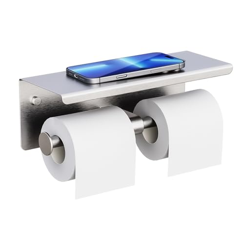 Double Toilet Paper Holder with Shelf, Wall Mount Tissue Roll Holder for Bathroom, 304 Stainless Steel Commercial Toilet Paper Dispenser with Phone Shelf, Brushed Nickel - color: Brushed Nickel